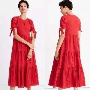 Madewell Tie Sleeve Tiered Midi Dress Swiss Dot Red Size M